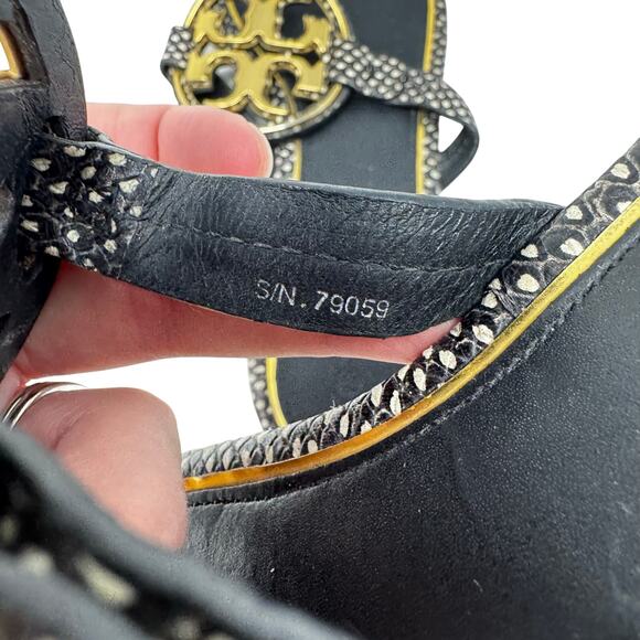 TORY BURCH Black Reptile Snake Gold Metallic Metal Miller Sandal Size 7 - Picture 10 of 10